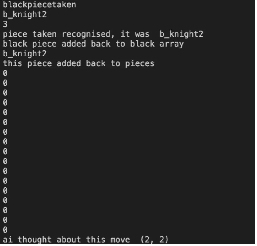 Engine log showing capture recognition and the move the AI selected