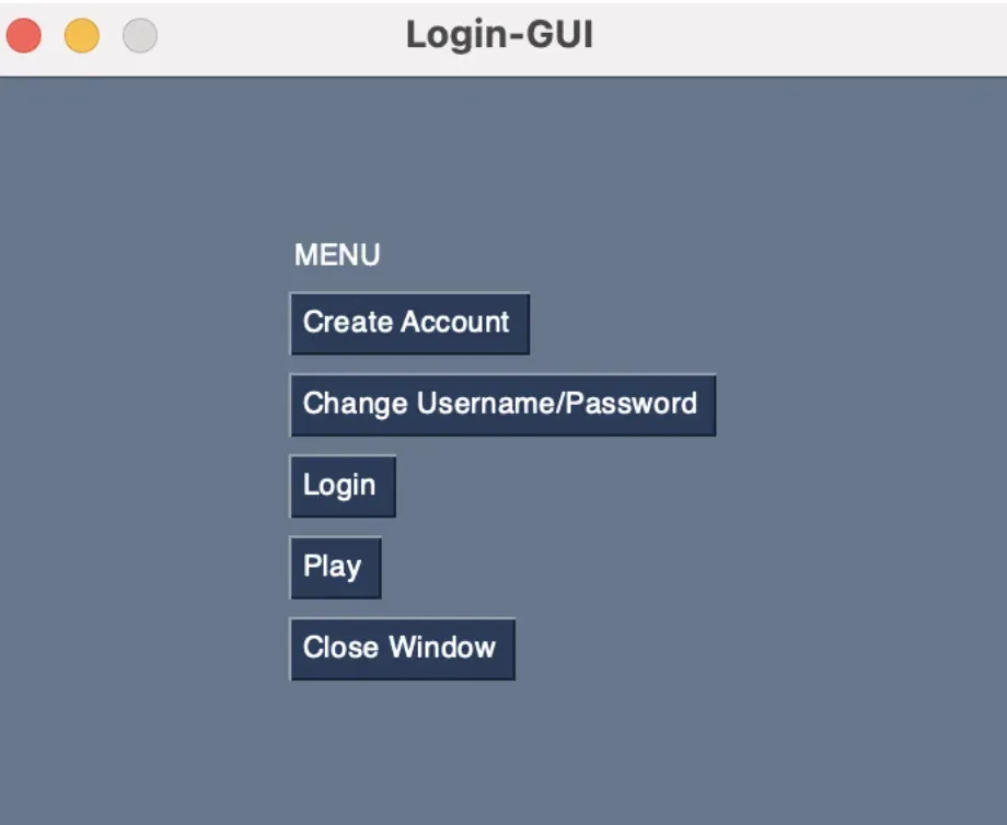 Login and menu window for starting a game