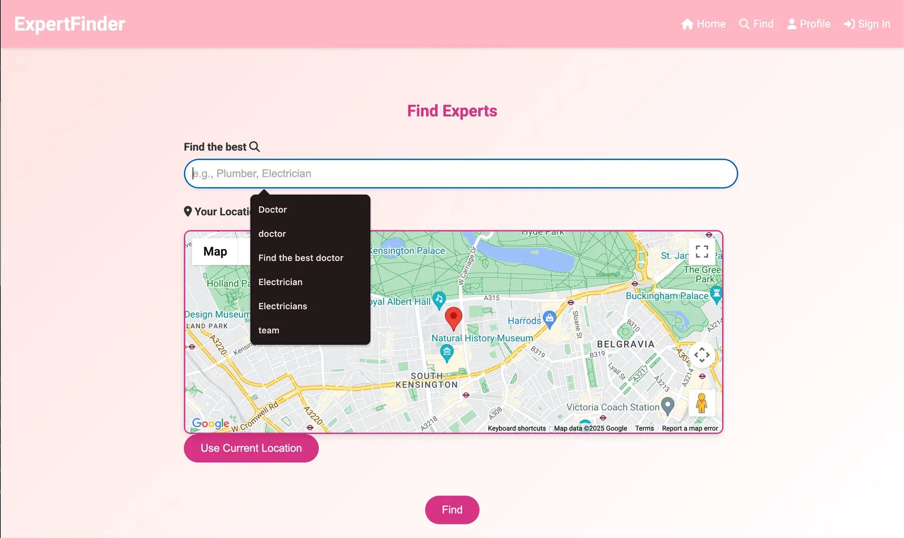 Expert search with a specialisation dropdown and location map