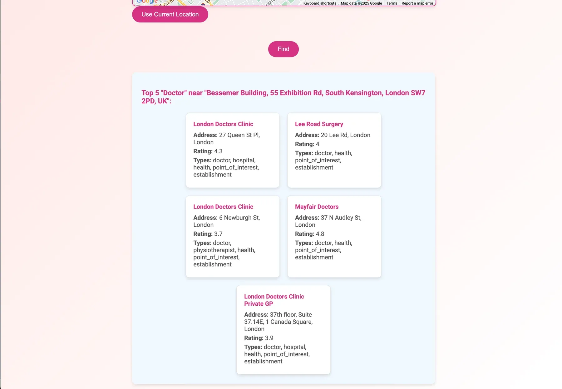 Ranked results listing addresses and ratings for a search