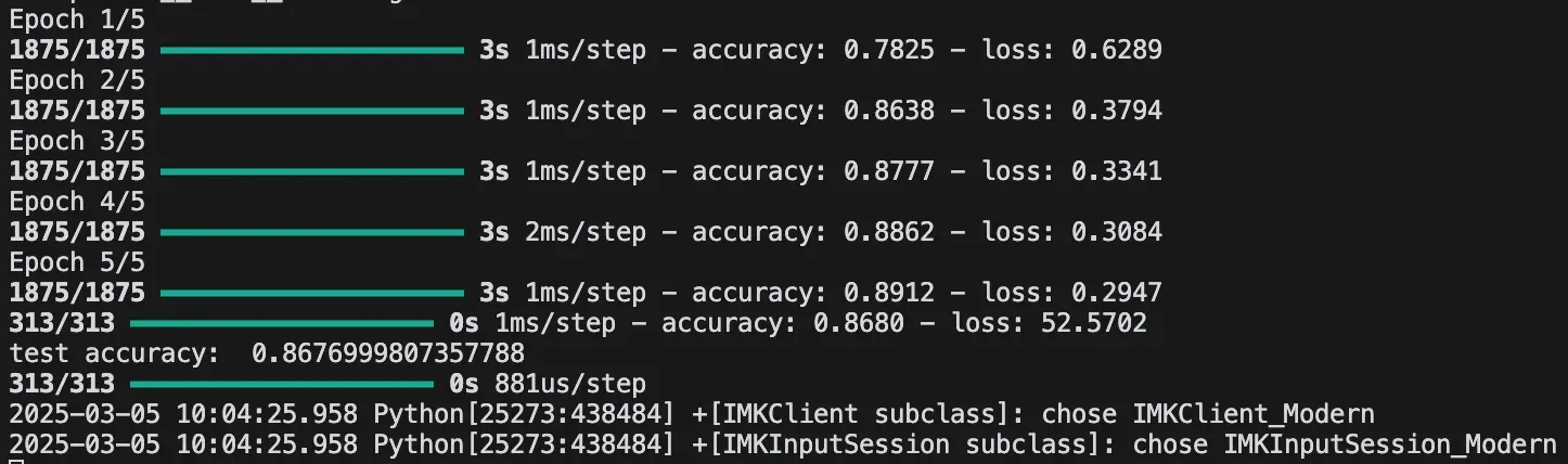 Training log across five epochs, ending at 86.8% test accuracy