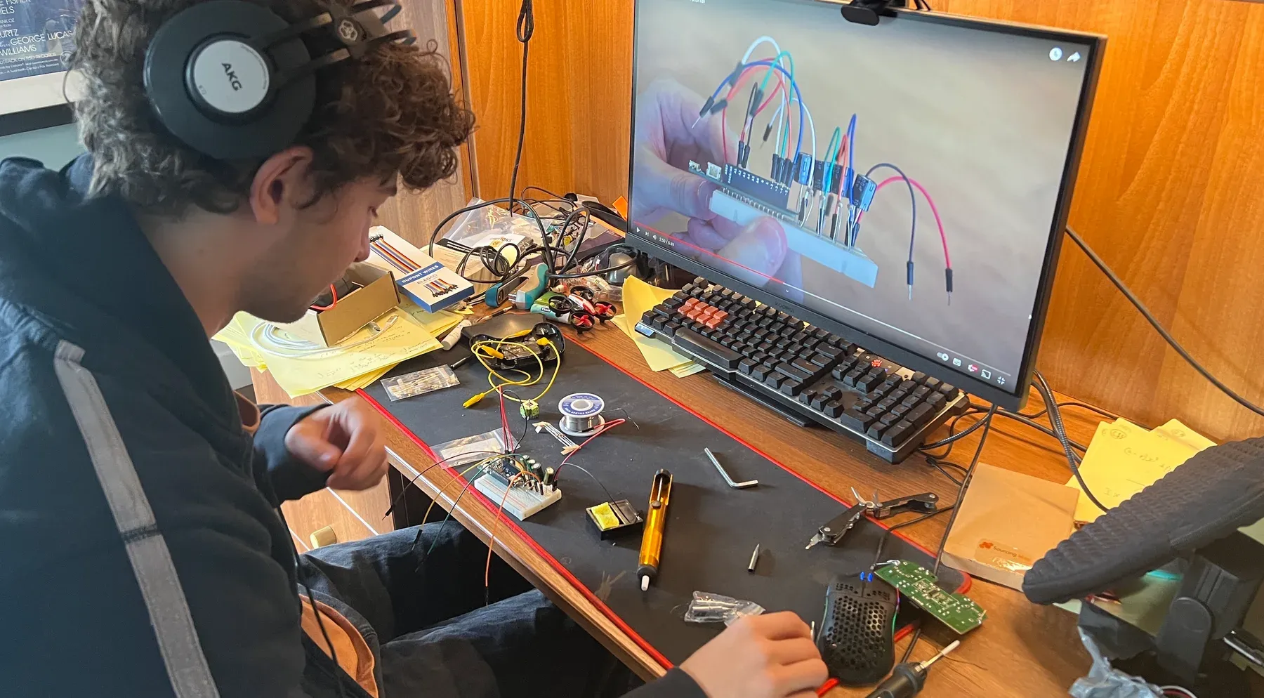Wiring the controller interface at the bench, mid-build