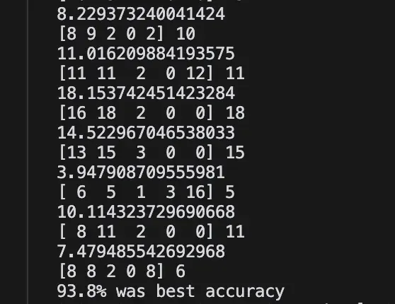 Prediction output, with the best run reaching 93.8% accuracy